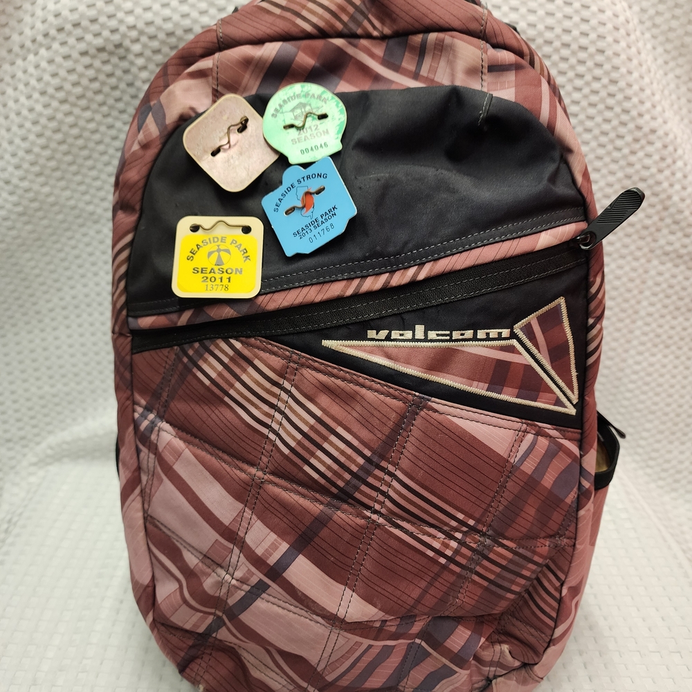 Volcom Men's Plaid Backpack - Burgundy and Black. Good Condition.